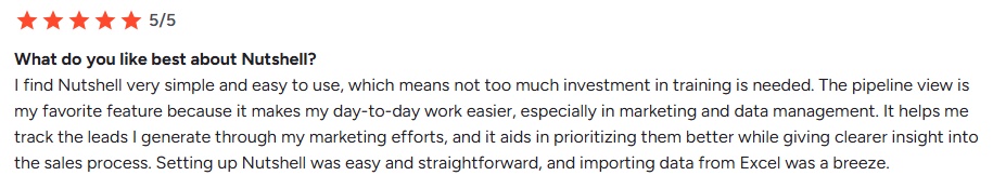 Another 5-star review highlighting Nutshell's simplicity and pipeline view.