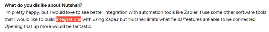 A review expressing a desire for better Zapier integration with Nutshell.