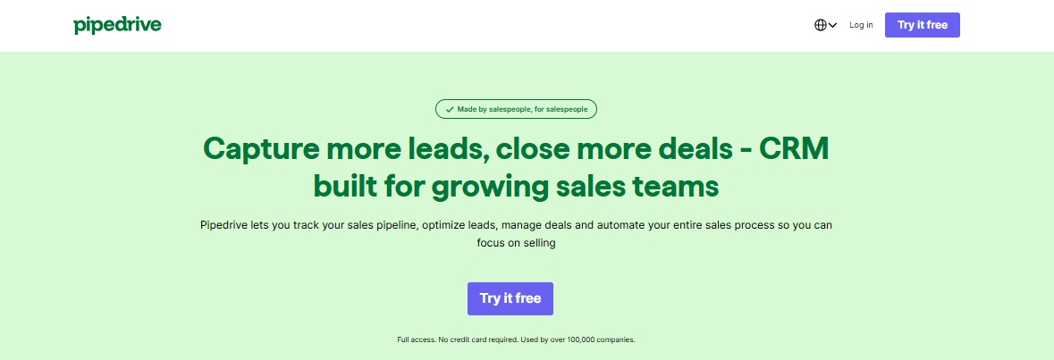 Pipedrive CRM landing page with headline 'Capture more leads, close more deals'.