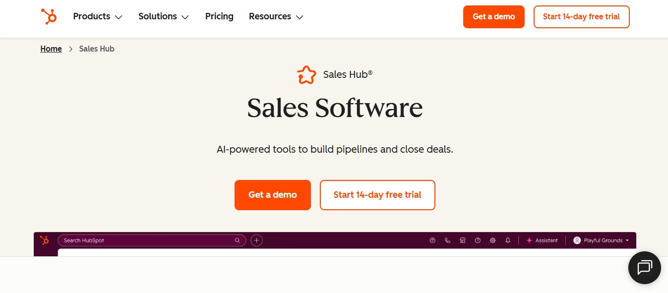 HubSpot Sales Software landing page with AI-powered tools.
