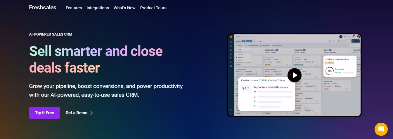 Freshsales AI-powered CRM interface with deal prediction.