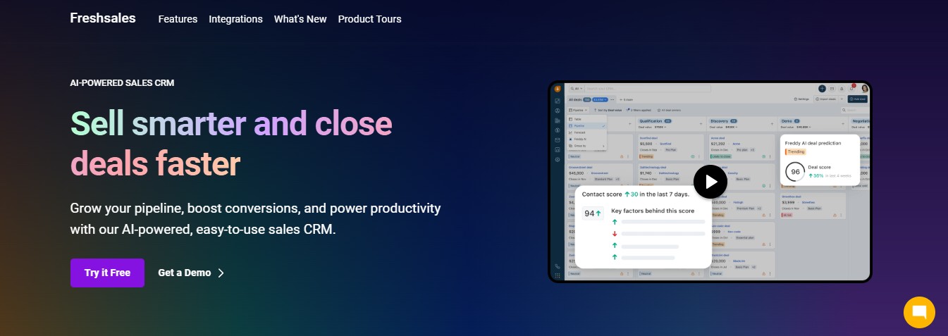 Freshsales AI-powered CRM interface with deal prediction.