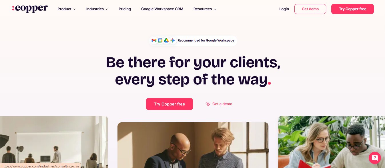Copper CRM landing page with the headline 'Be there for your clients, every step of the way'.