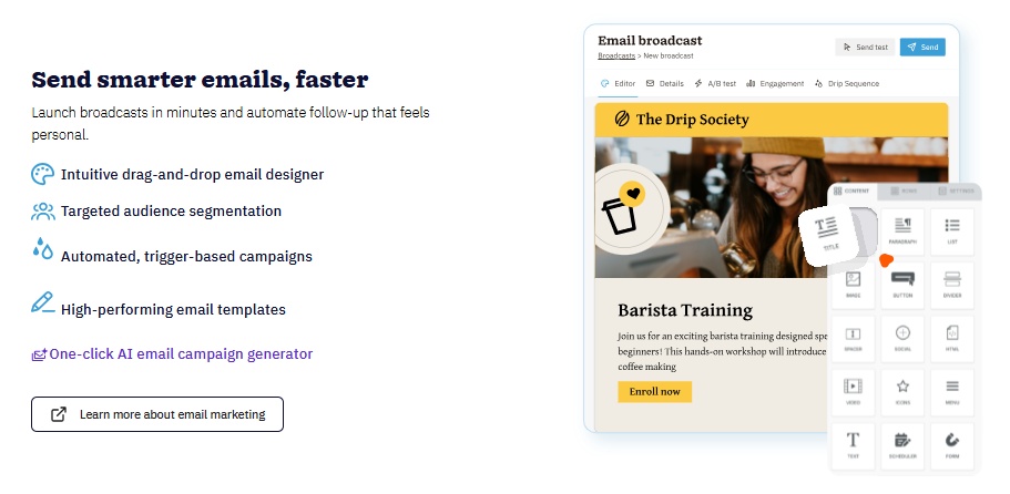 Email marketing platform interface with drag-and-drop editor and broadcast options.