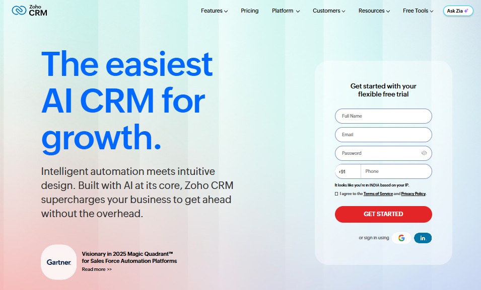 Zoho CRM landing page with the headline 'The easiest AI CRM for growth'.