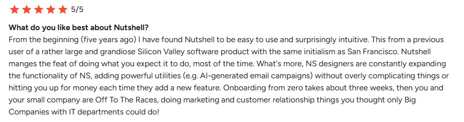 A 5-star review praising Nutshell's ease of use and intuitive design.