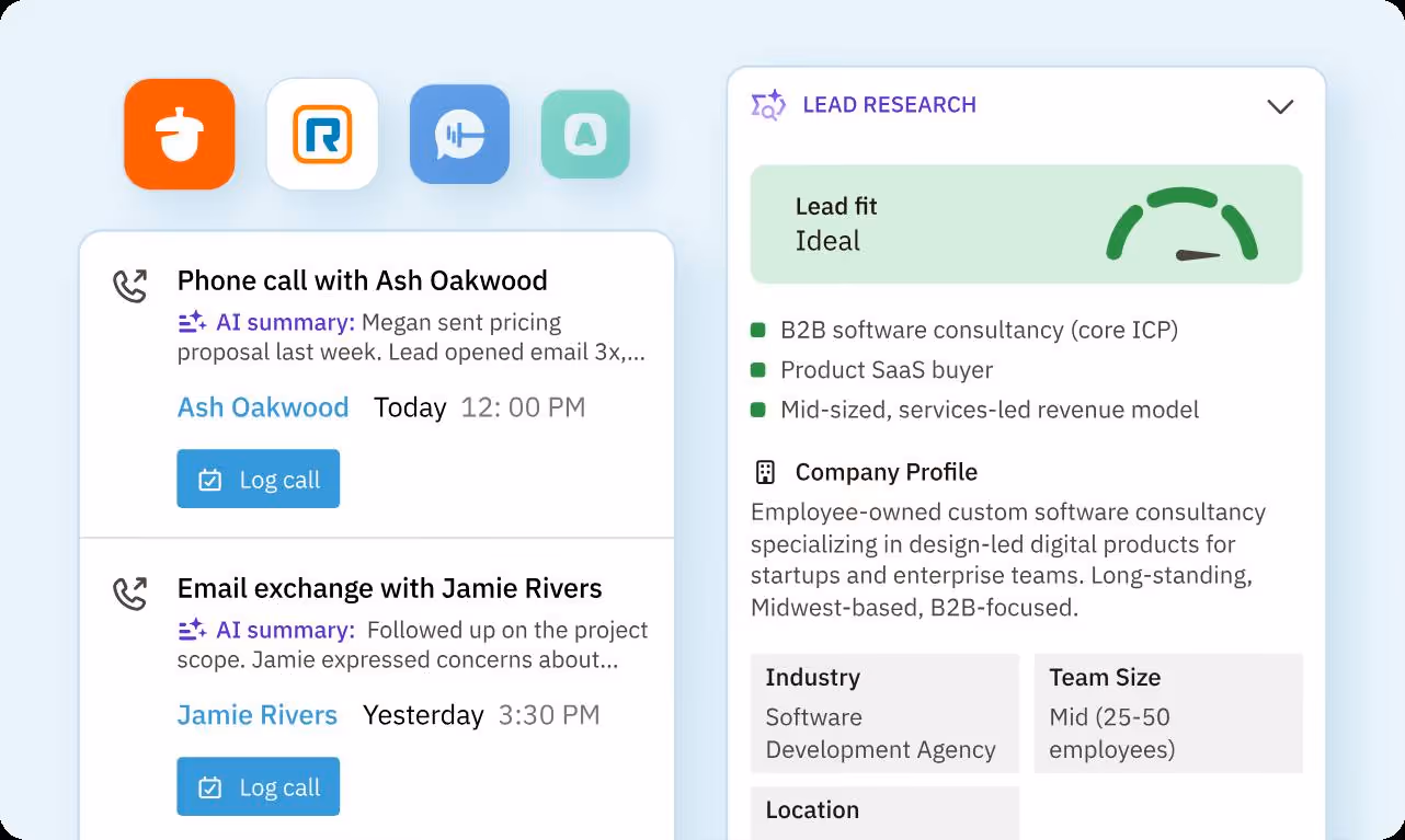 A lead research card showing "Ideal" lead fit with details about the company profile and industry.