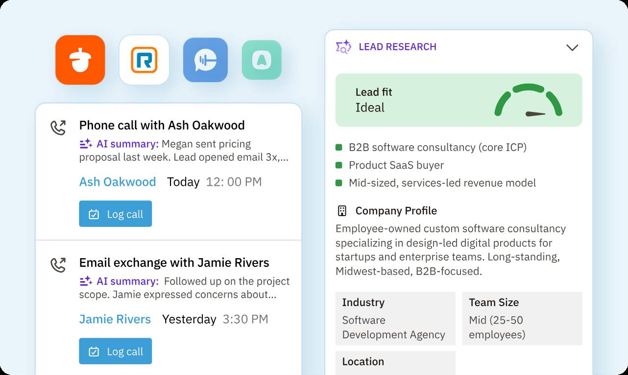 A lead research card showing "Ideal" lead fit with details about the company profile and industry.