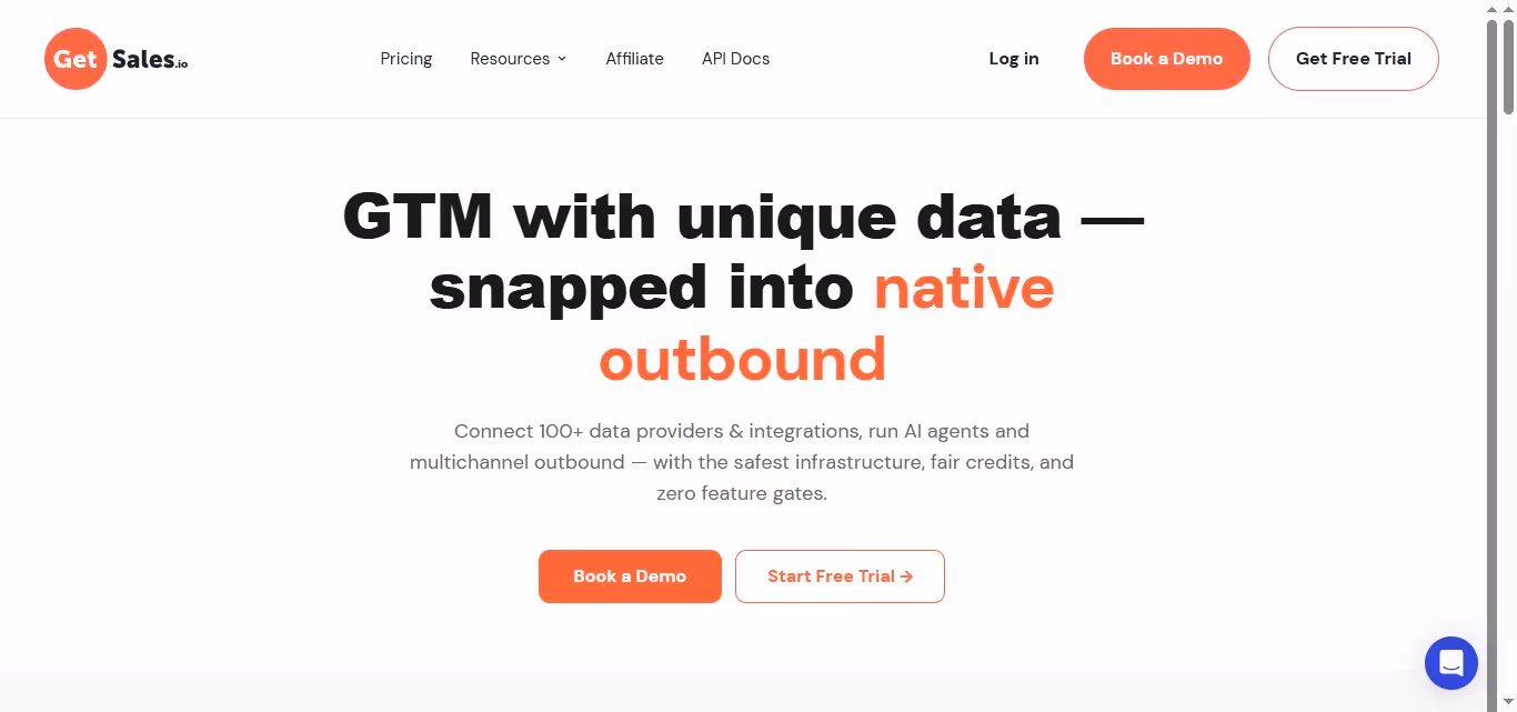A screenshot of the GetSales.io homepage, with the headline "GTM with unique data — snapped into native outbound