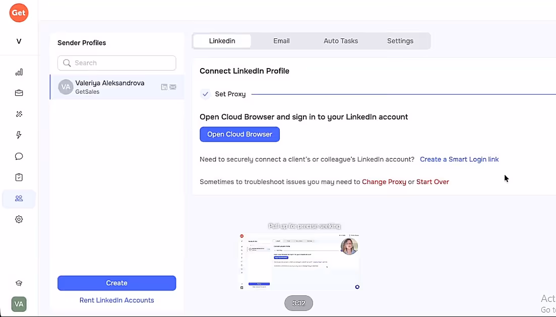A screenshot of the GetSales.io interface, showing sender profiles and options to connect a LinkedIn profile