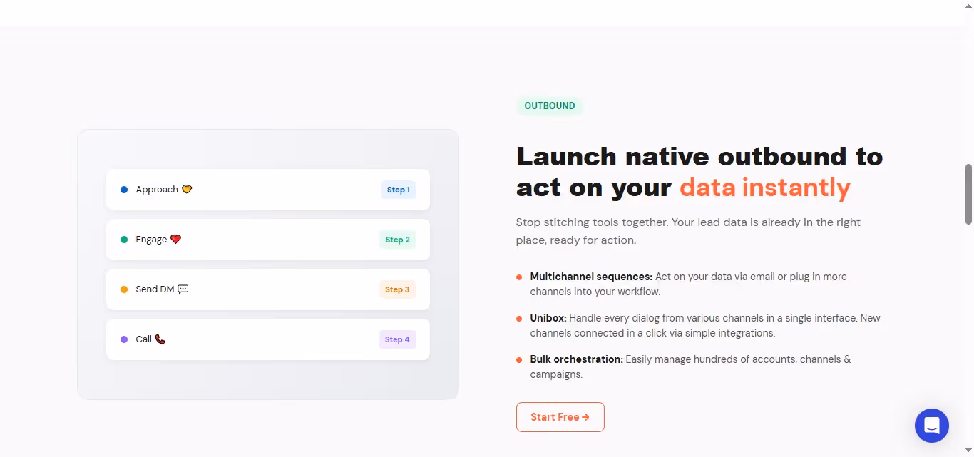 A section of the GetSales.io website explaining how to launch native outbound to act on your data instantly
