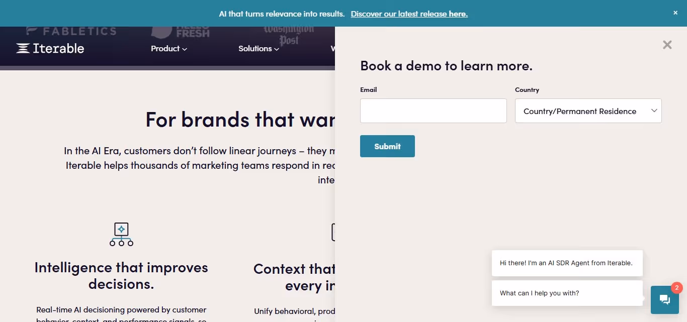 Iterable marketing signup pop-up window.