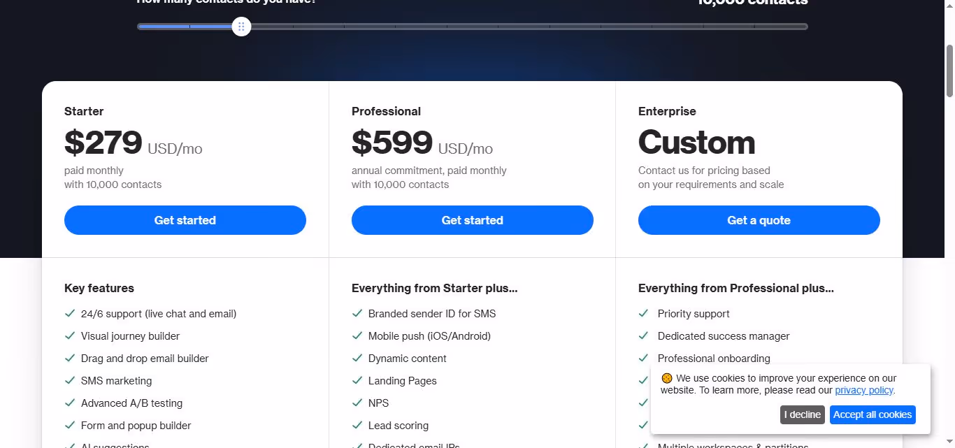 Pricing plans for starter, professional, and enterprise tiers