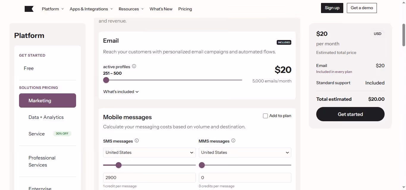 Iterable pricing page showing email marketing plan details.