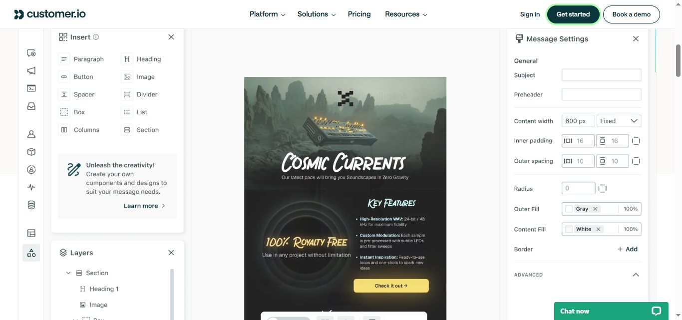 Customer.io email editor interface with various content blocks on the left and an email preview on the right.