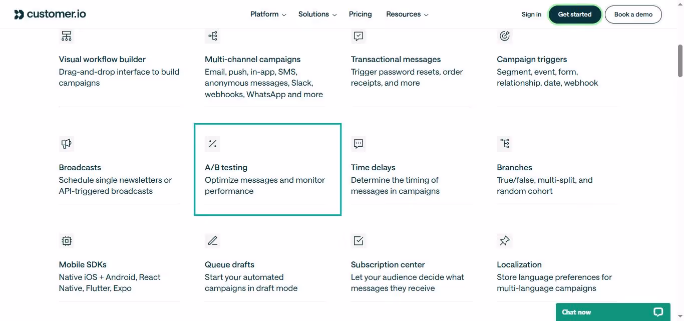 Customer.io product features overview, including visual workflow builder, multi-channel campaigns, transactional messages, campaign triggers, A/B testing, time delays, branches, mobile SDKs, queue drafts, subscription center, and localization.