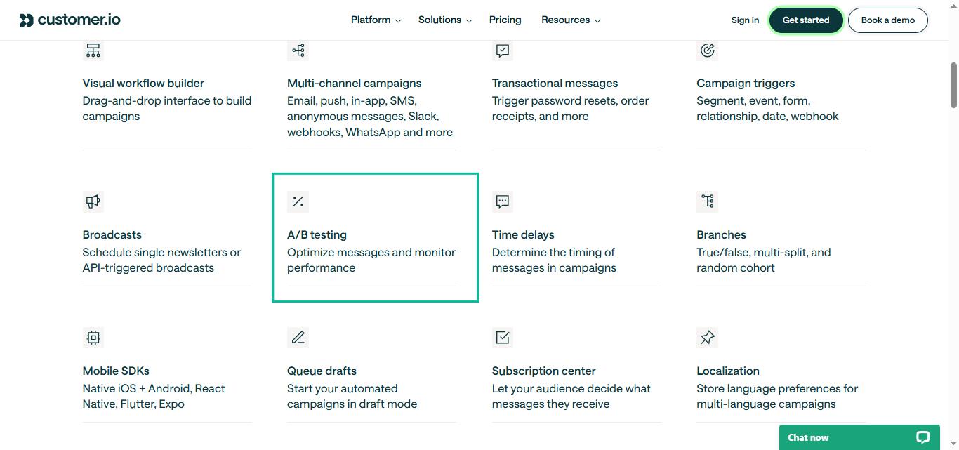 Customer.io product features overview, including visual workflow builder, multi-channel campaigns, transactional messages, campaign triggers, A/B testing, time delays, branches, mobile SDKs, queue drafts, subscription center, and localization.