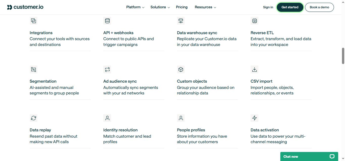 Customer.io platform integrations and data management features, including integrations, API + webhooks, data warehouse sync, reverse ETL, segmentation, ad audience sync, custom objects, CSV import, data replay, identity resolution, people profiles, and data activation