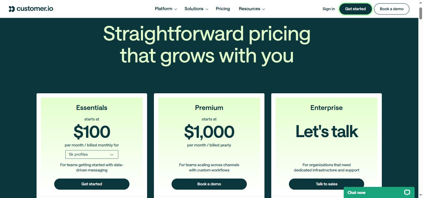 Customer.io pricing page with three tiers: Essentials, Premium, and Enterprise, with associated costs and features. 
