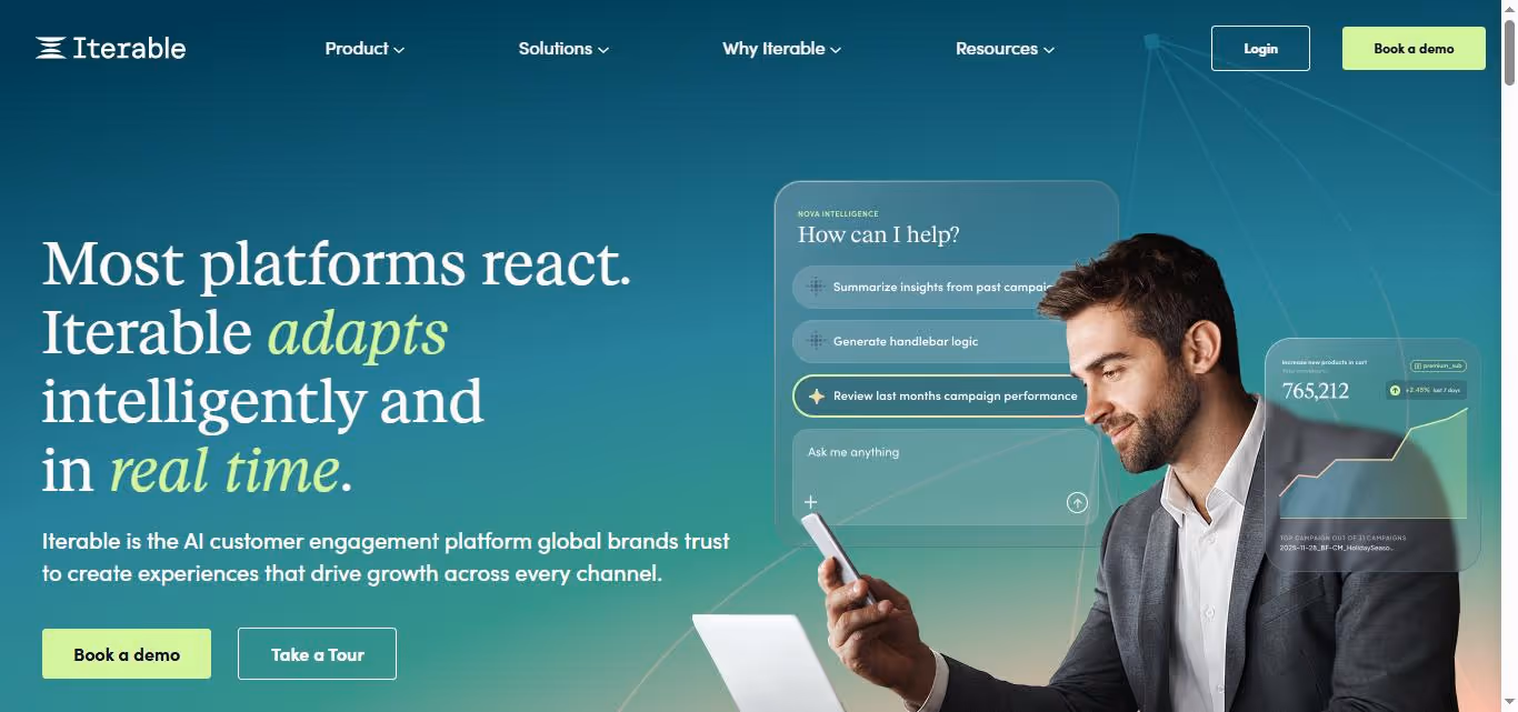 Iterable AI customer engagement platform homepage with headline "Most platforms react. Iterable adapts intelligently and in real time