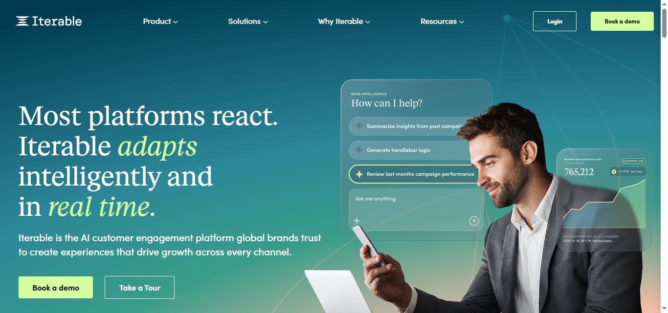 Iterable AI customer engagement platform homepage with headline "Most platforms react. Iterable adapts intelligently and in real time