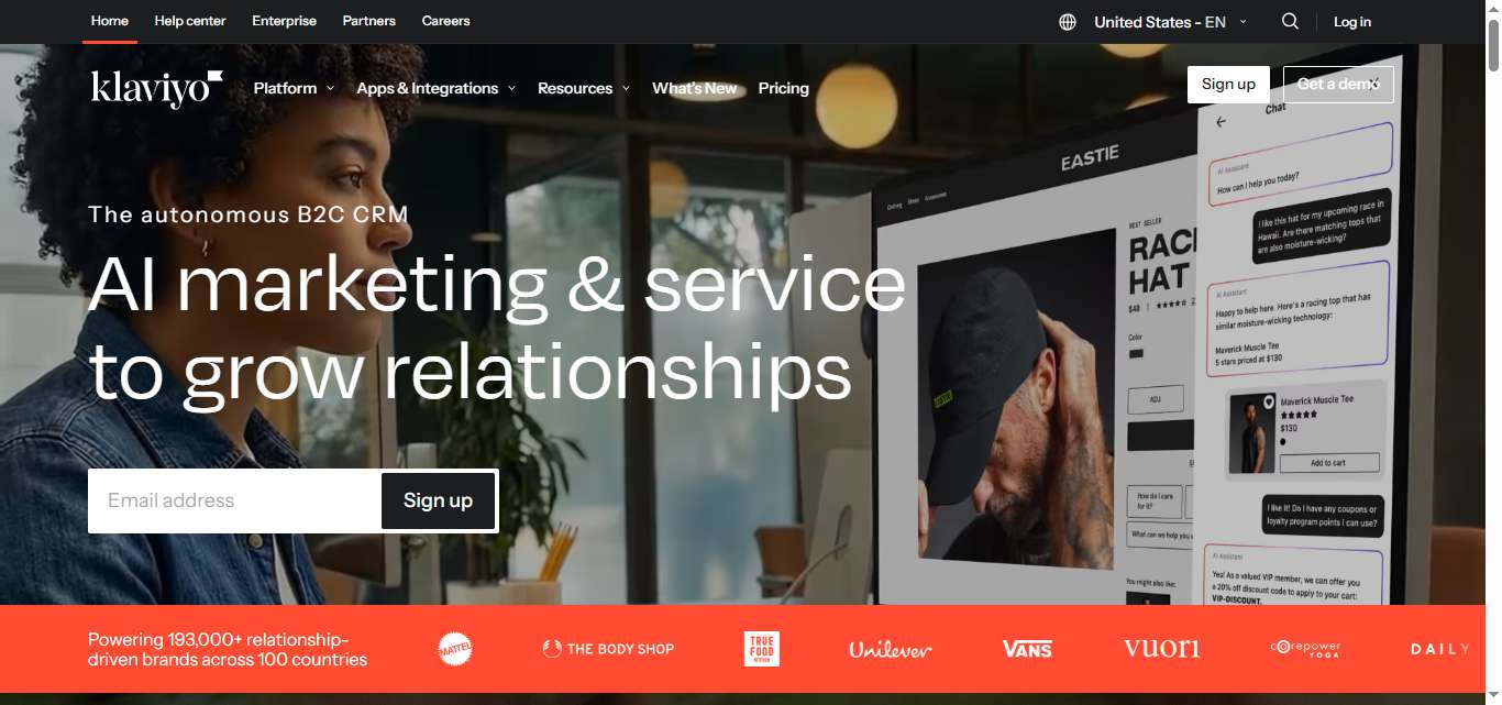 Klaviyo AI marketing and service platform homepage with headline "The autonomous B2C CRM AI marketing & service to grow relationships"