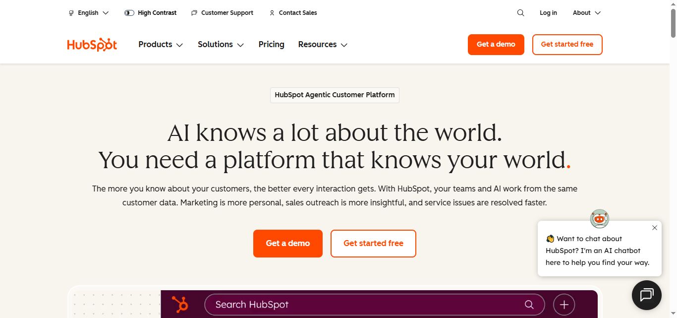 HubSpot AI Agentic Customer Platform homepage with headline "AI knows a lot about the world. You need a platform that knows your world.
