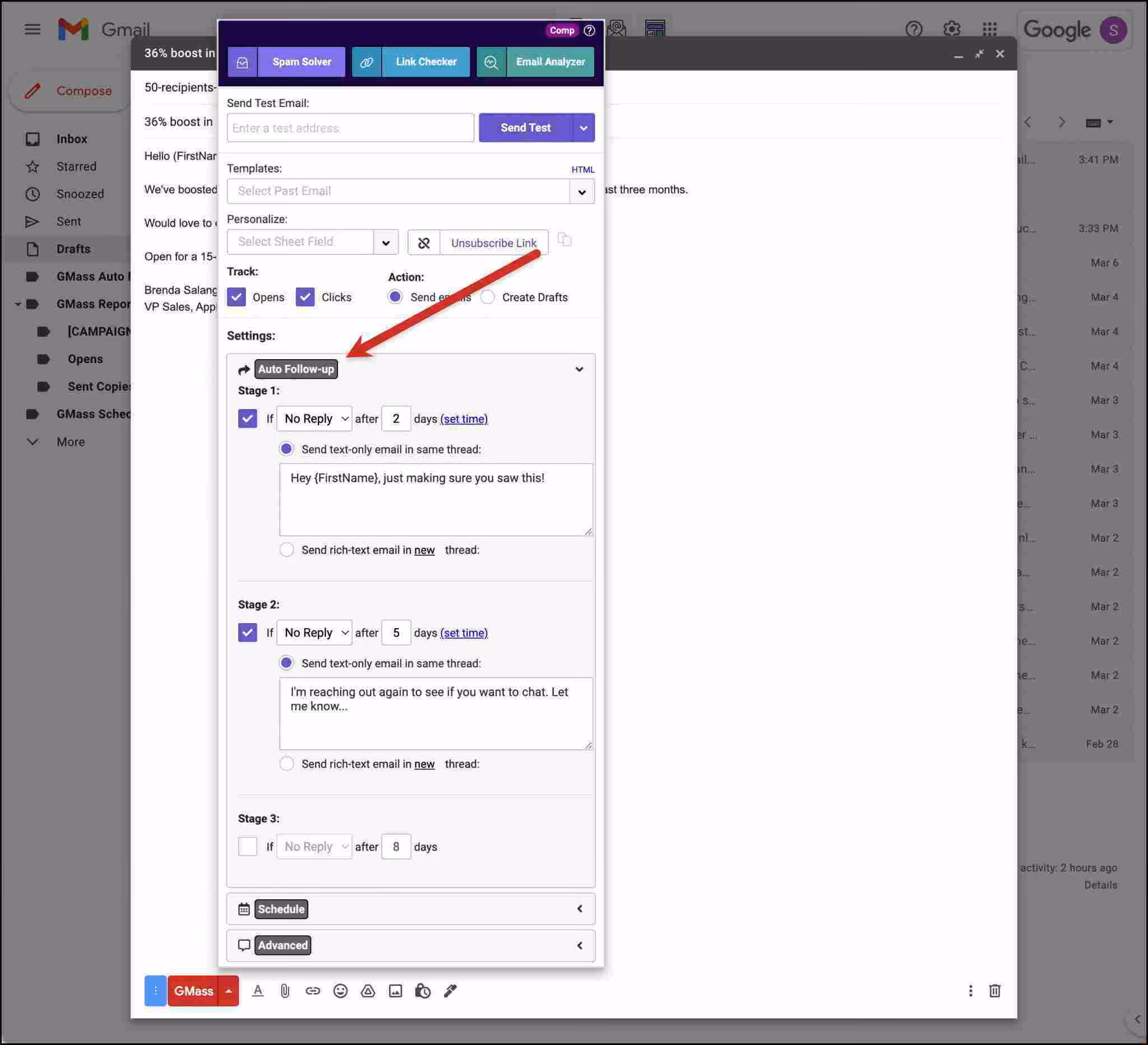 Gmass interface showing "Auto-Follow-Up" settings.