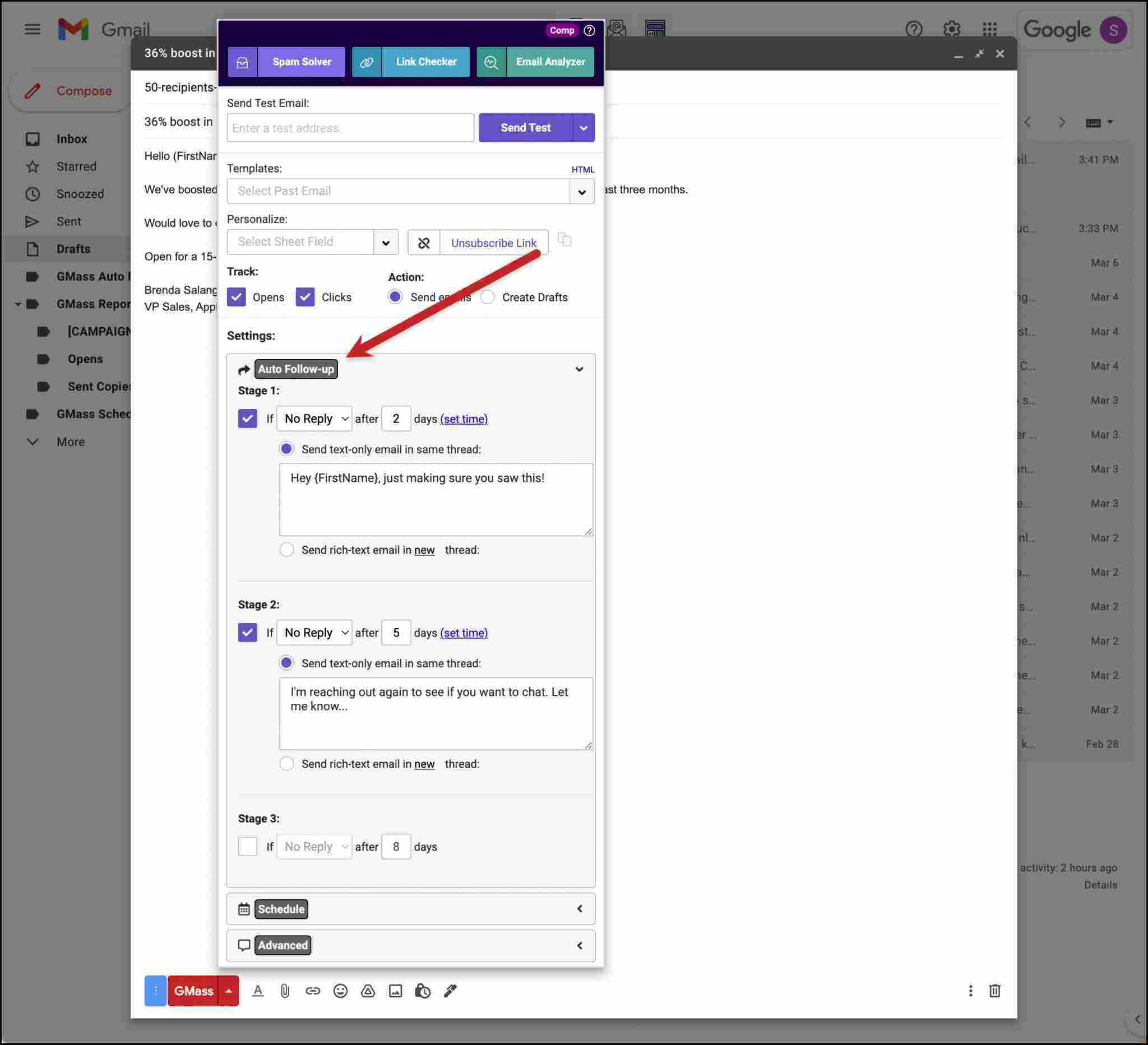 Gmass interface showing "Auto-Follow-Up" settings.
