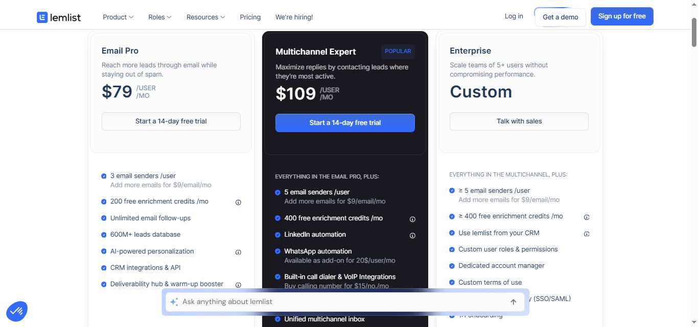 Lemment pricing plans: Email Pro, Multichannel Expert, and Enterprise.