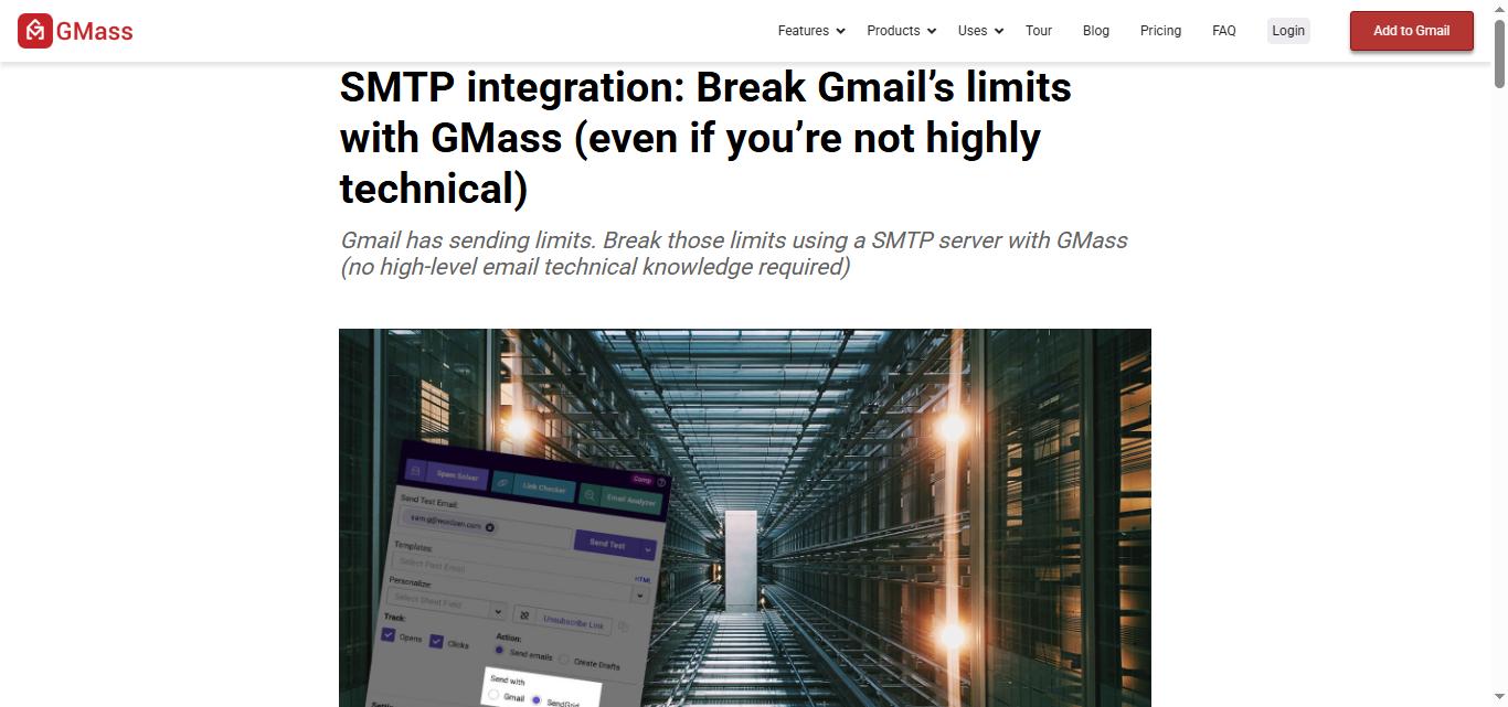 Gmass website explaining SMTP integration.
