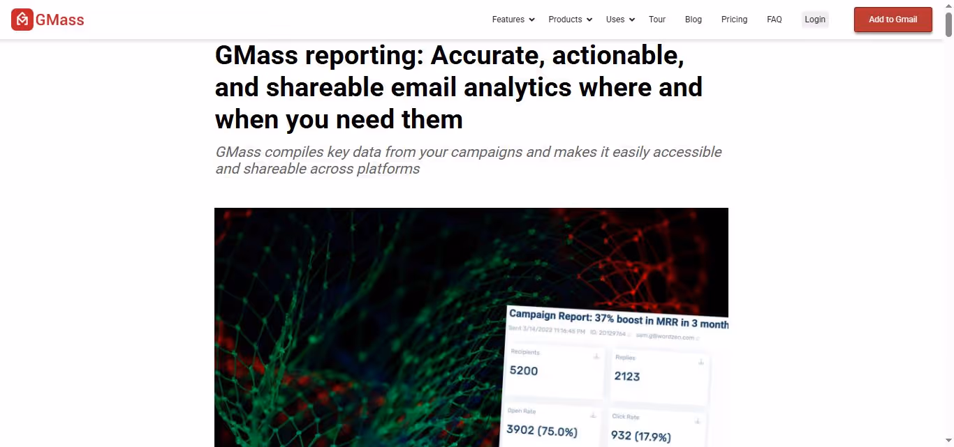Gmass website showing campaign reporting statistics.