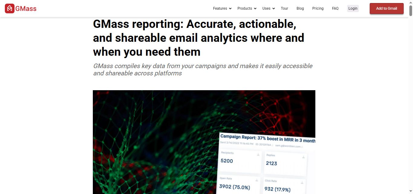 Gmass website showing campaign reporting statistics.