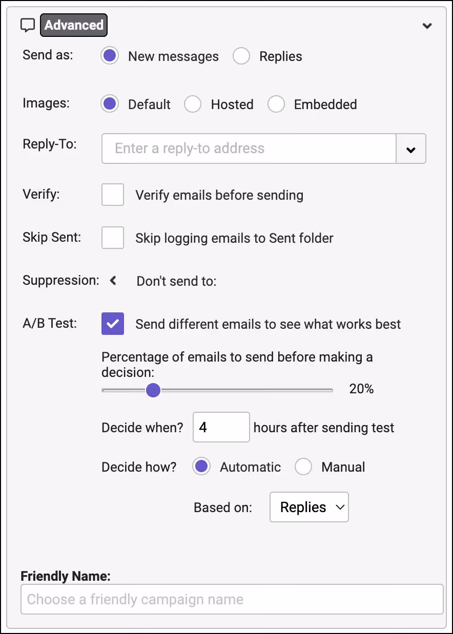 Gmass "Advanced" settings for email campaigns.