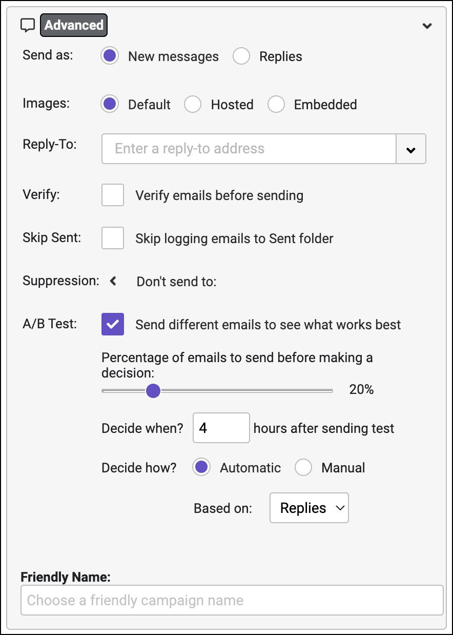 Gmass "Advanced" settings for email campaigns.