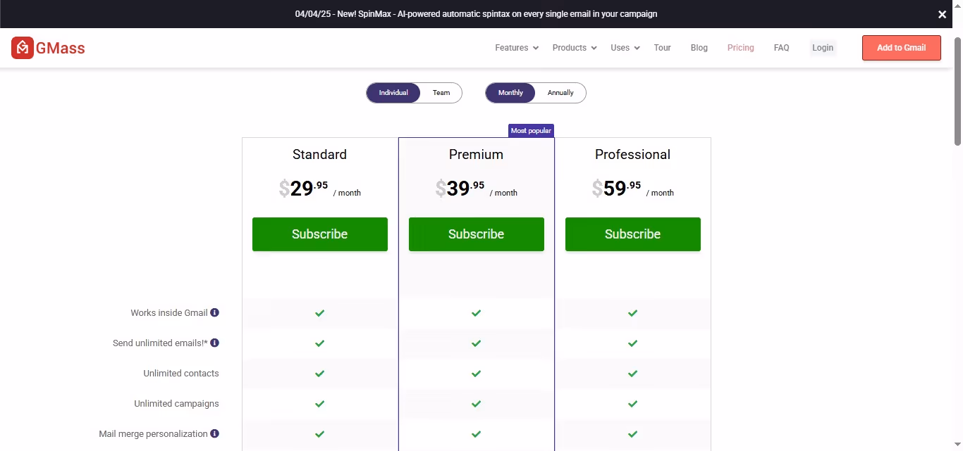 Gmass pricing page with "Standard", "Premium", and "Professional" plans.