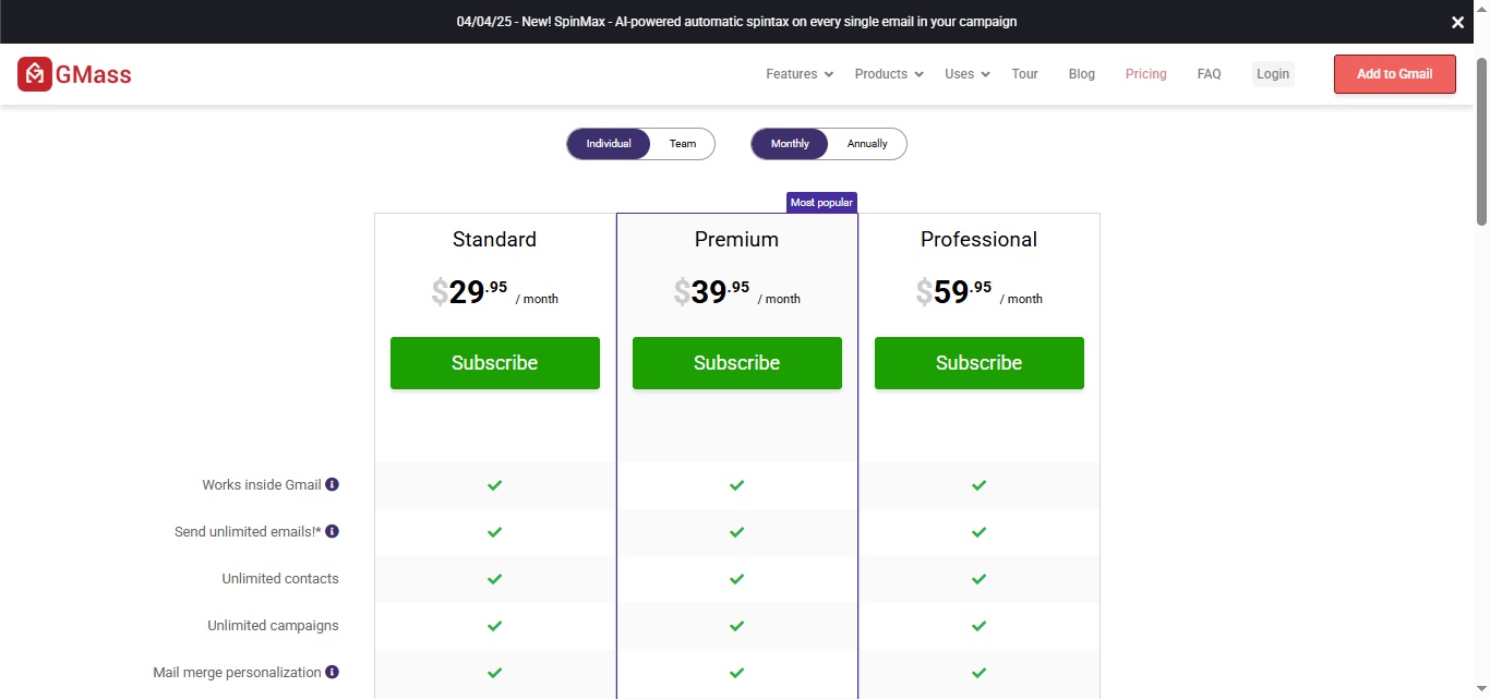 Gmass pricing page with "Standard", "Premium", and "Professional" plans.