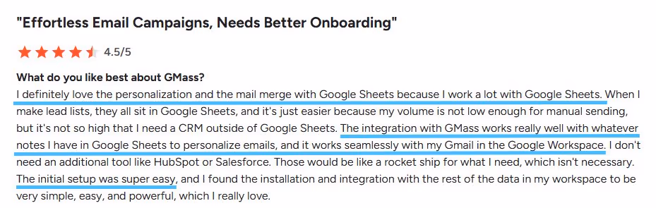 Review excerpt praising GMass personalization and mail merge with Google Sheets, and its integration with Gmail.