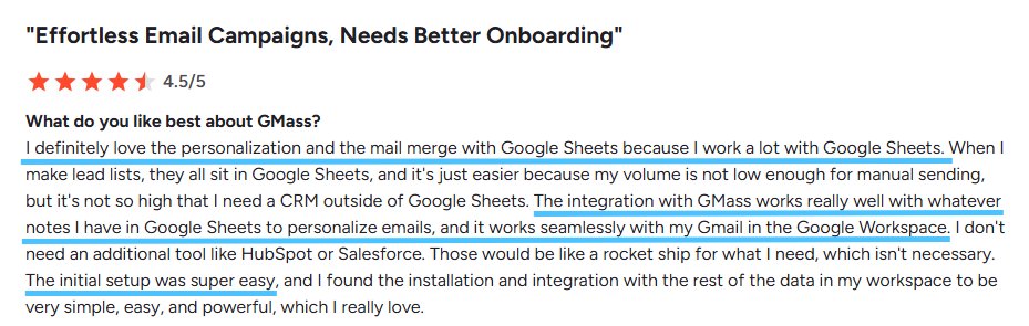 Review excerpt praising GMass personalization and mail merge with Google Sheets, and its integration with Gmail.