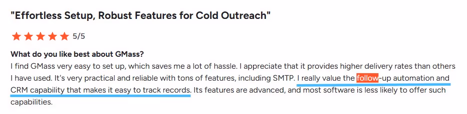 Review excerpt highlighting "easy setup" and "follow-up automation" and "CRM capability" of GMass