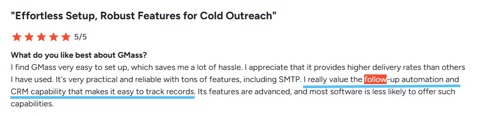 Review excerpt highlighting "easy setup" and "follow-up automation" and "CRM capability" of GMass