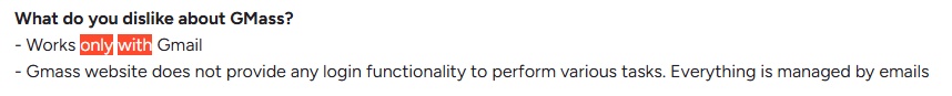 List of GMass dislikes including "Works only with Gmail" and "Gmass website does not provide any login functionality