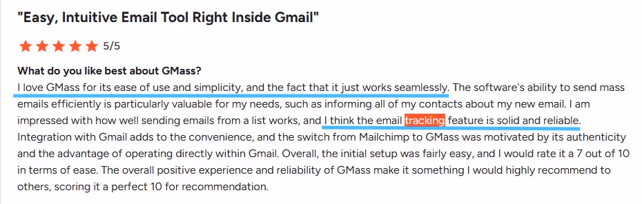 Review excerpt stating "GMass for its ease of use and simplicity" and "email tracking feature is solid and reliable.