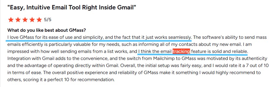 Review excerpt stating "GMass for its ease of use and simplicity" and "email tracking feature is solid and reliable.