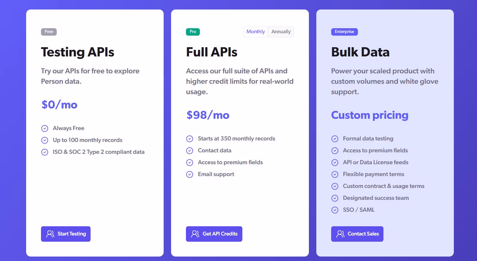 Pricing page comparing three tiers: Free, Pro, and Enterprise.