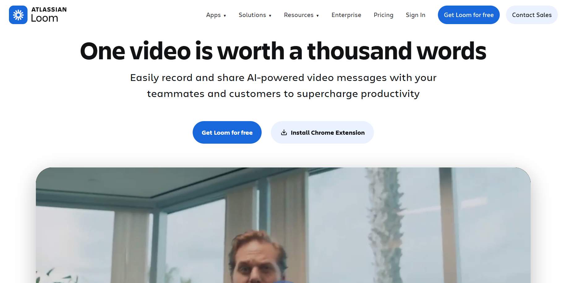 Screenshot of the Atlassian Loom homepage, featuring the headline "One video is worth a thousand words" and call-to-action buttons.