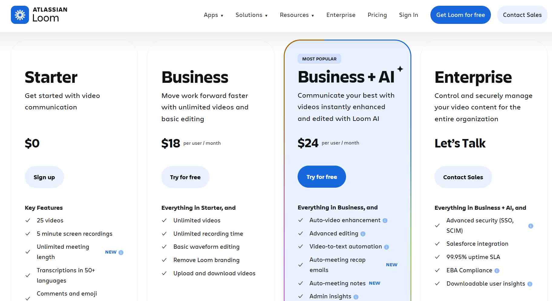 A screenshot comparing different Atlassian Loom pricing plans: Starter, Business, Business + AI, and Enterprise.