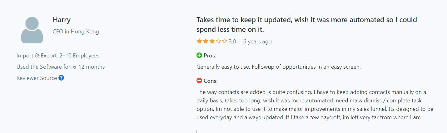 Negative user review of Capterra saying that Salesflare has rigid workflows and funnels