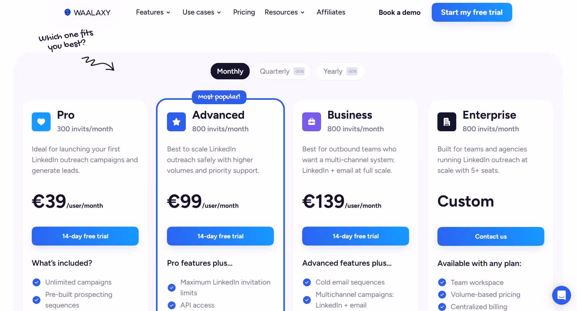 Waalaxy pricing page