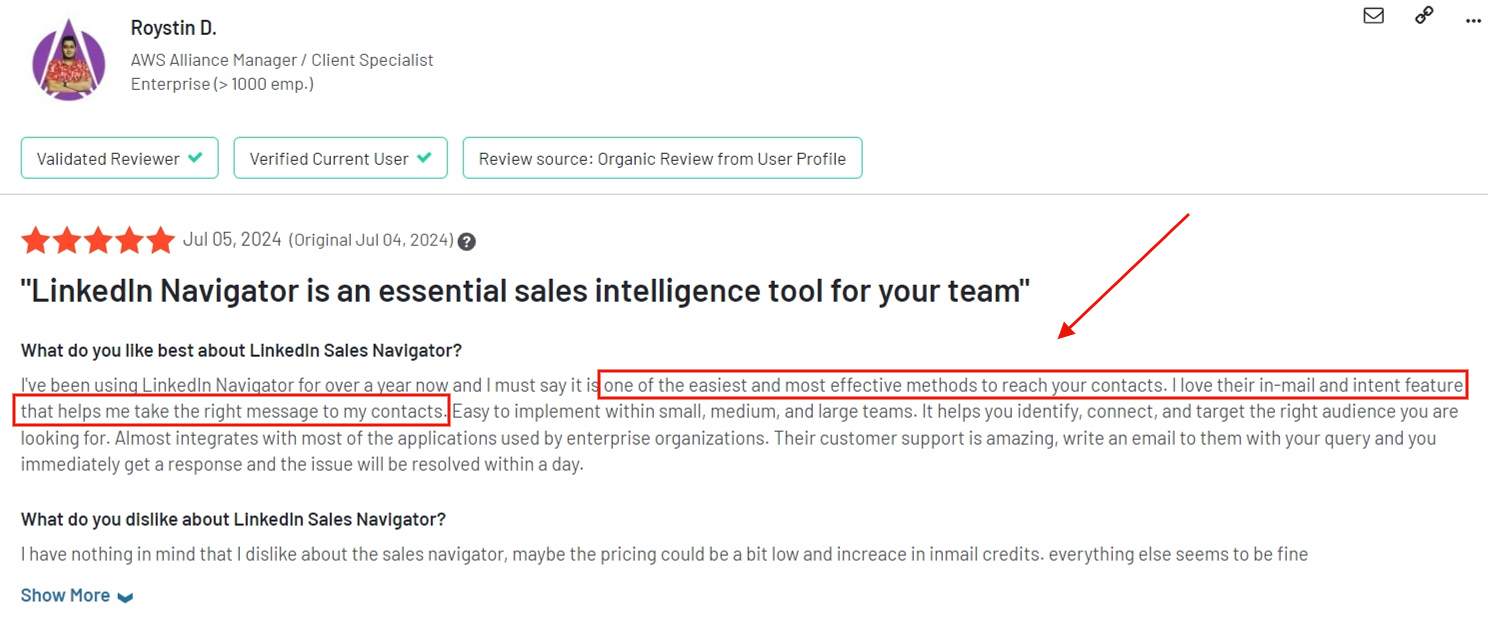 A good review of LinkedIn sales Navigator left by a satisfied user on G2.